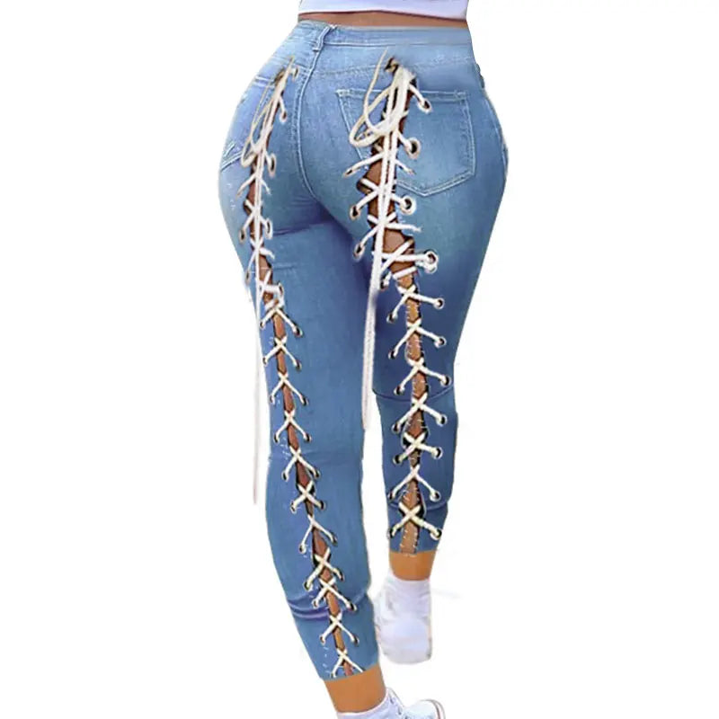 Plus Size Sexy White Blue Hollow Out Denim