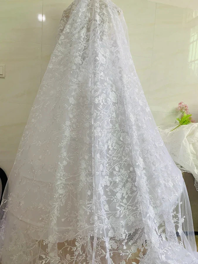 Snow White, Ivory Sequined Tulle Lace Fabric for