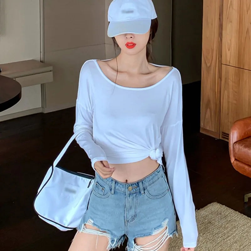 Womens Hollow Backless Long Sleeve Loose T-Shirt Tops