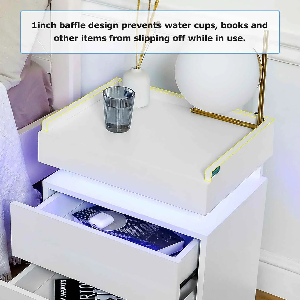 White LED Nightstand LED Bedside Table with High