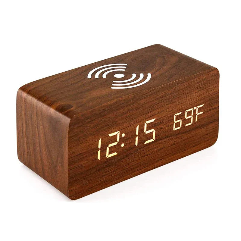 Wooden Digital Alarm Clock with Wireless Charging, LED
