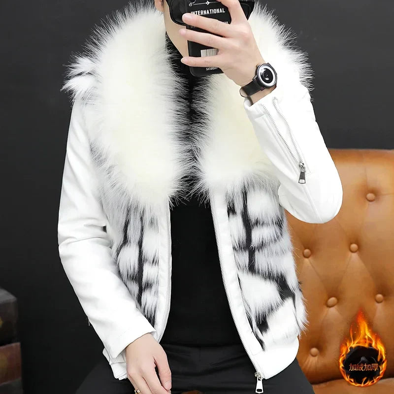 HOO 2024 Men's Cool Fur Collar Leather Coat