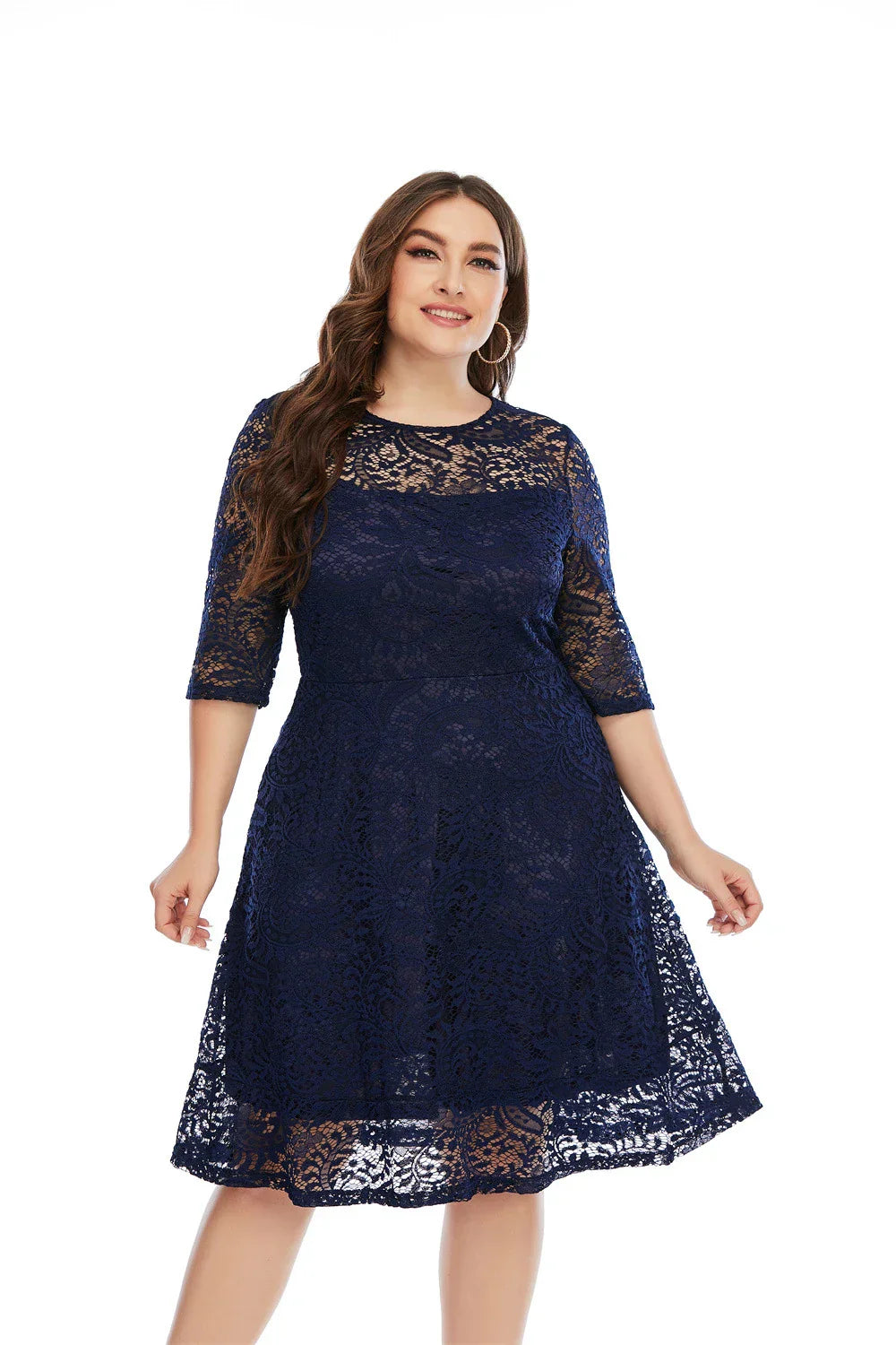 Plus Size Contrast Lace Semi Sheer 3/4 Sleeve