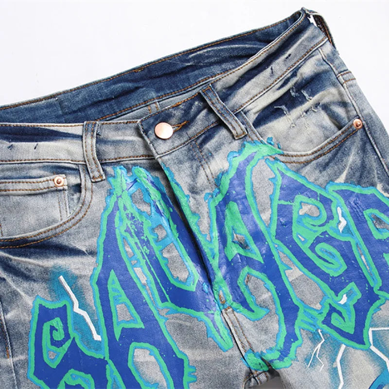 Men Print Jeans Streetwear Letters Lightning Painted Stretch