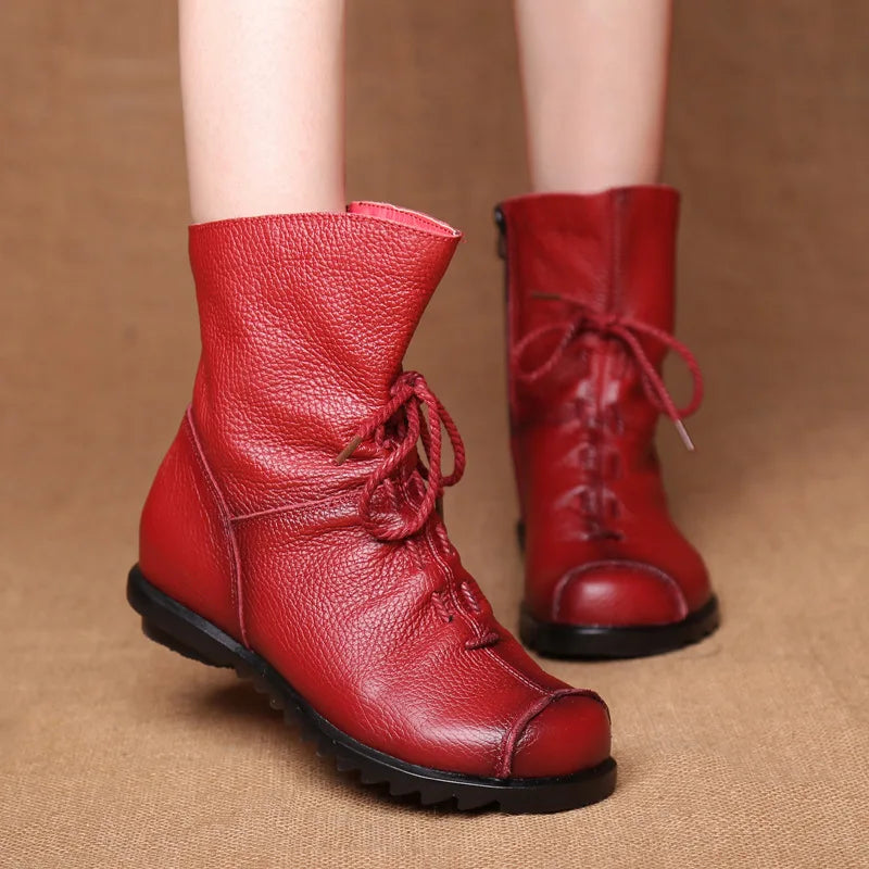 Women Shoes Retro Original Leather Short Boots Warm