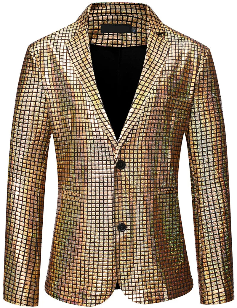 Mens Stage Prom Suits Shiny Rainbow Plaid Sequin