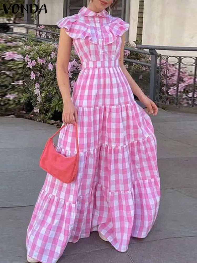 Plus Size VONDA Summer Women Bohemian Plaid Dress