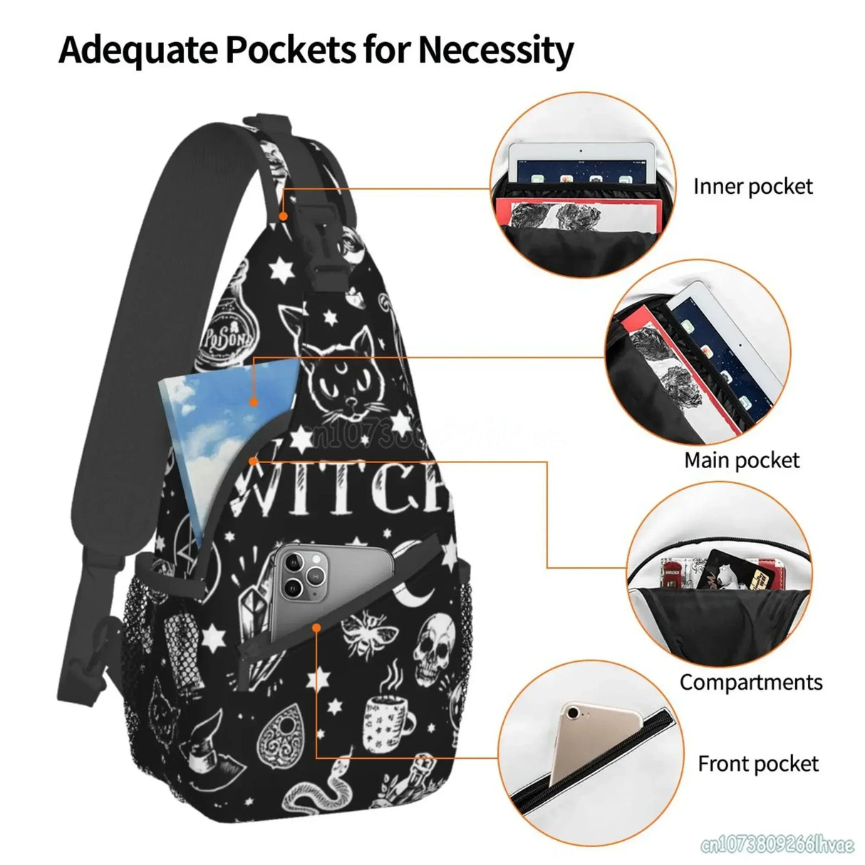 Gothic Skull Cat Moon Pattern Sling Bag Women