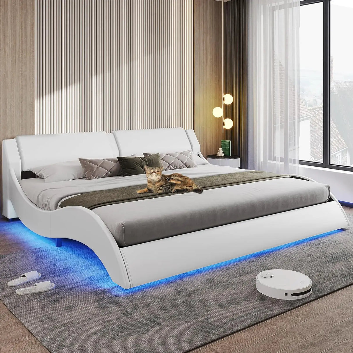 Bed Frame, Large with Headboard, Modern Upholstered Platform,