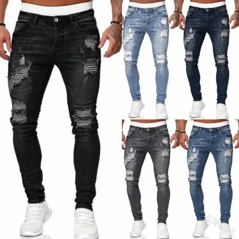 2024 New Ripped Skinny Jeans Men Vintage Wash