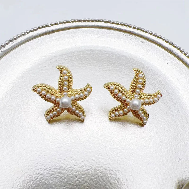 Classic Vintage Pearl Star Metal Starfish Earrings For