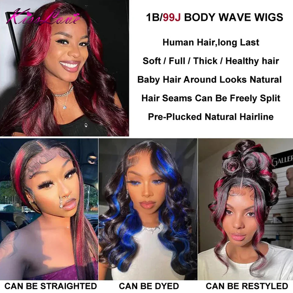 1B99J Burgundy Transparent Lace Front Human Hair Wig