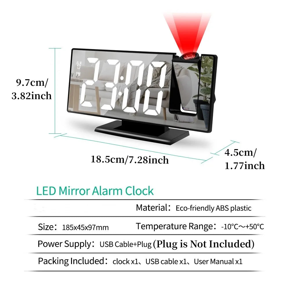 180° Arm Projection Alarm Clock - Digital Time & Temperature, Snooze Function, 12/24H USB LED Clock
