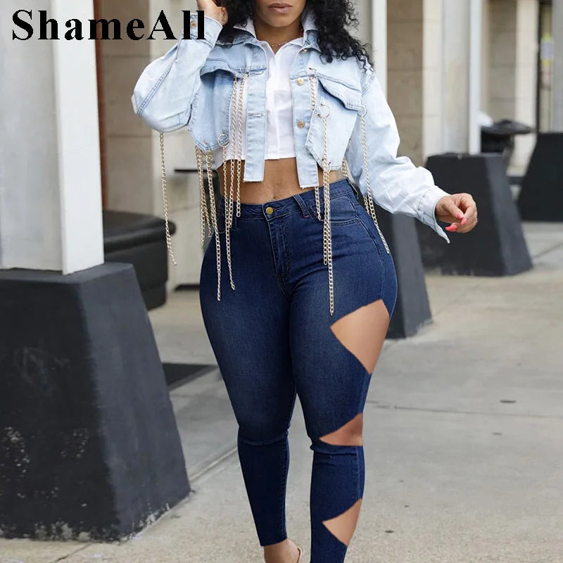 Plus Size Street Asymmetrical Cut Hole Stretchy Skinny