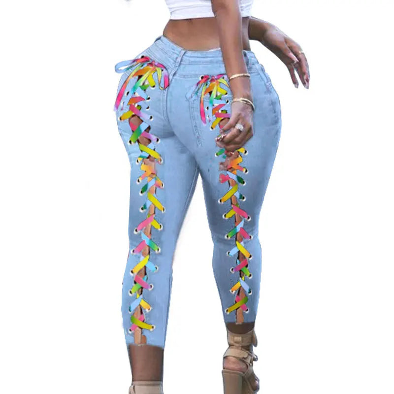 Plus Size Sexy White Blue Hollow Out Denim