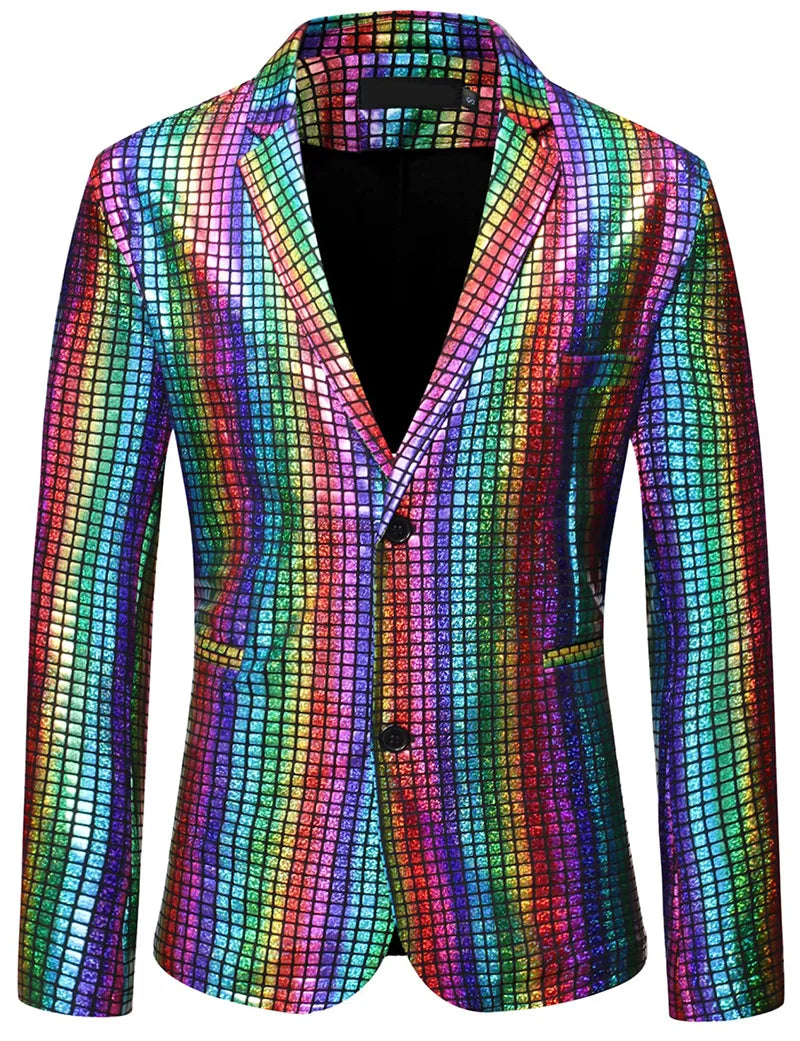 Mens Stage Prom Suits Shiny Rainbow Plaid Sequin