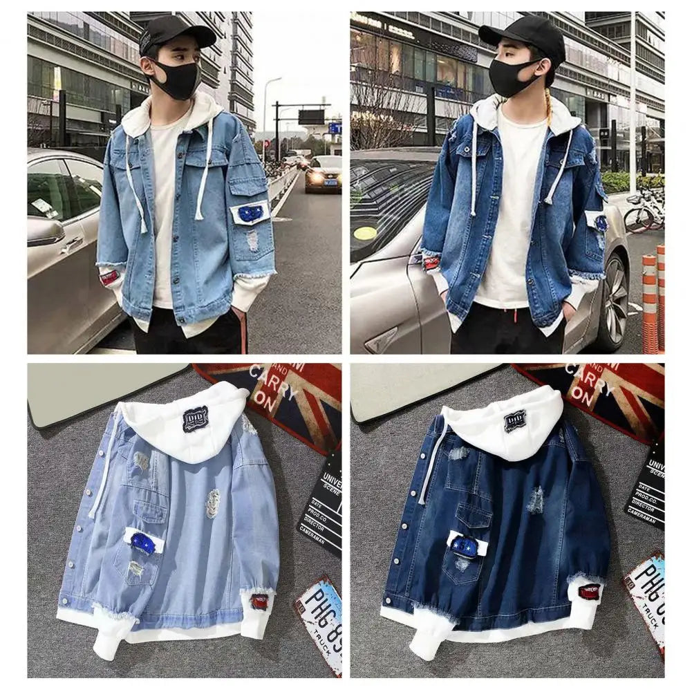 Men Light Blue Winter Jean Jackets Hooded Casual