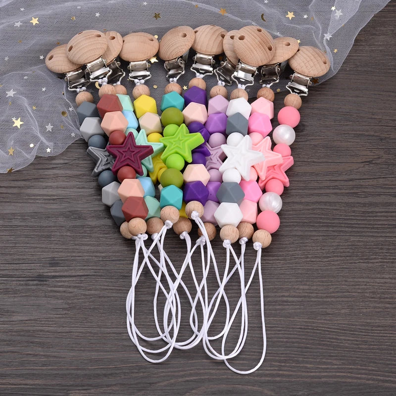 Baby Pentagram Silicone Beads Pacifier Chain Wooden Teether