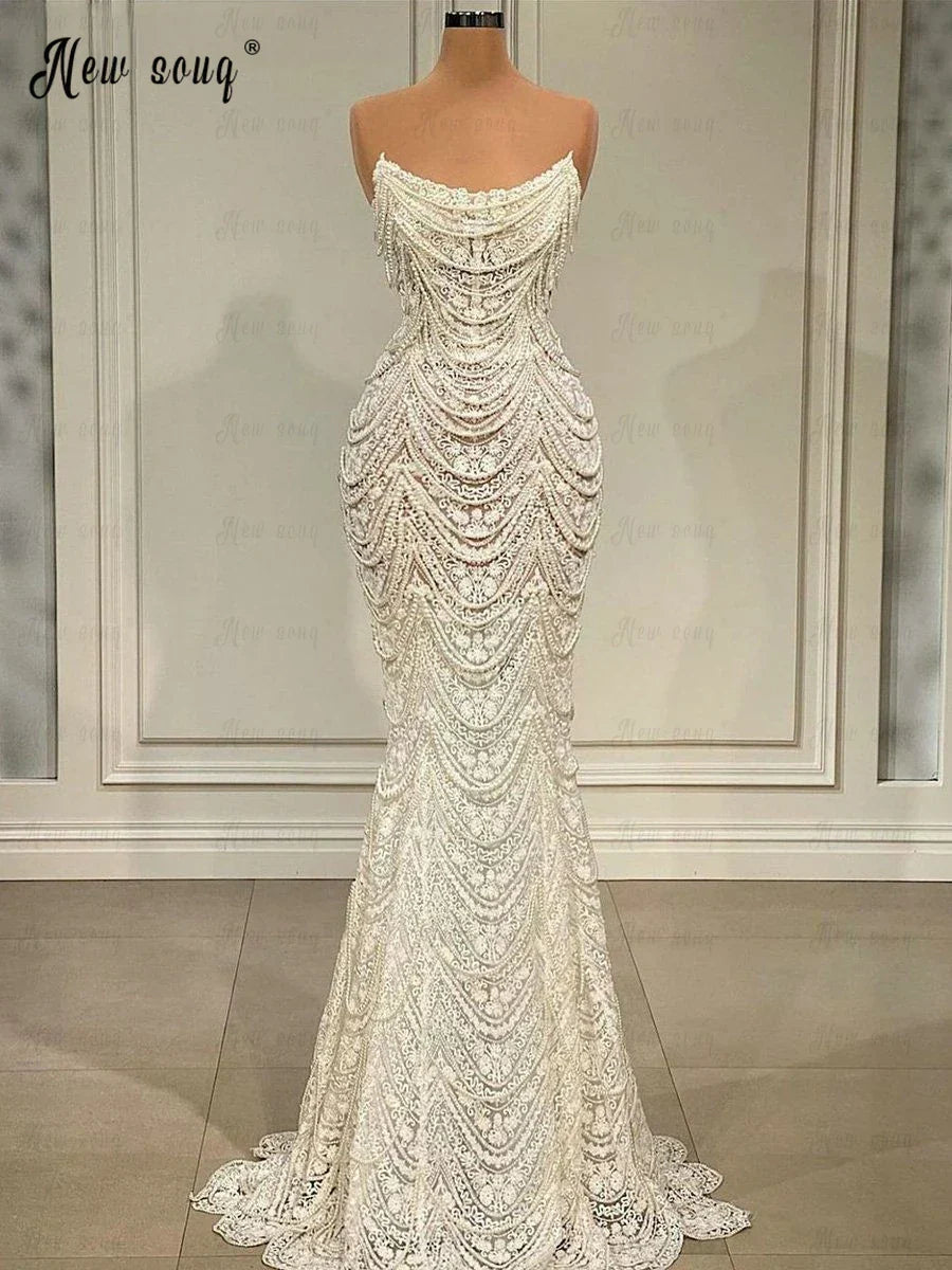 Elegant Lace Pearls Tassels Wedding Dress Boat Neck