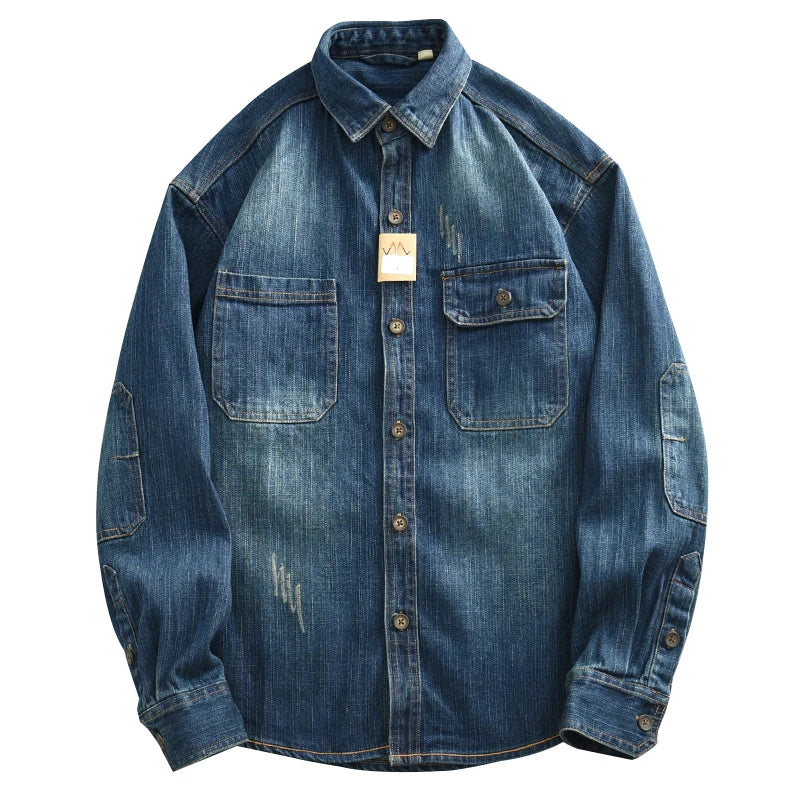 Heavyweight Washed Denim Men's Shirt Retro American Casual