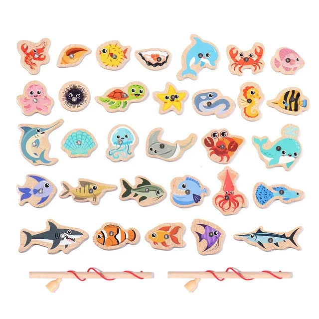 Montessori Wooden Magnetic Fishing Toys Baby Cartoon Marine
