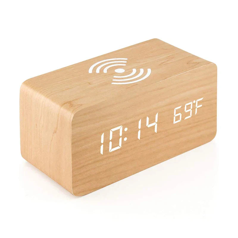 Wooden Digital Alarm Clock with Wireless Charging, LED