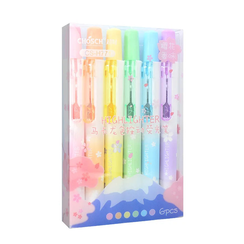 6Pcs/set Kawaii Retractable Highlighters Macaron Pastel Highlighter Pen
