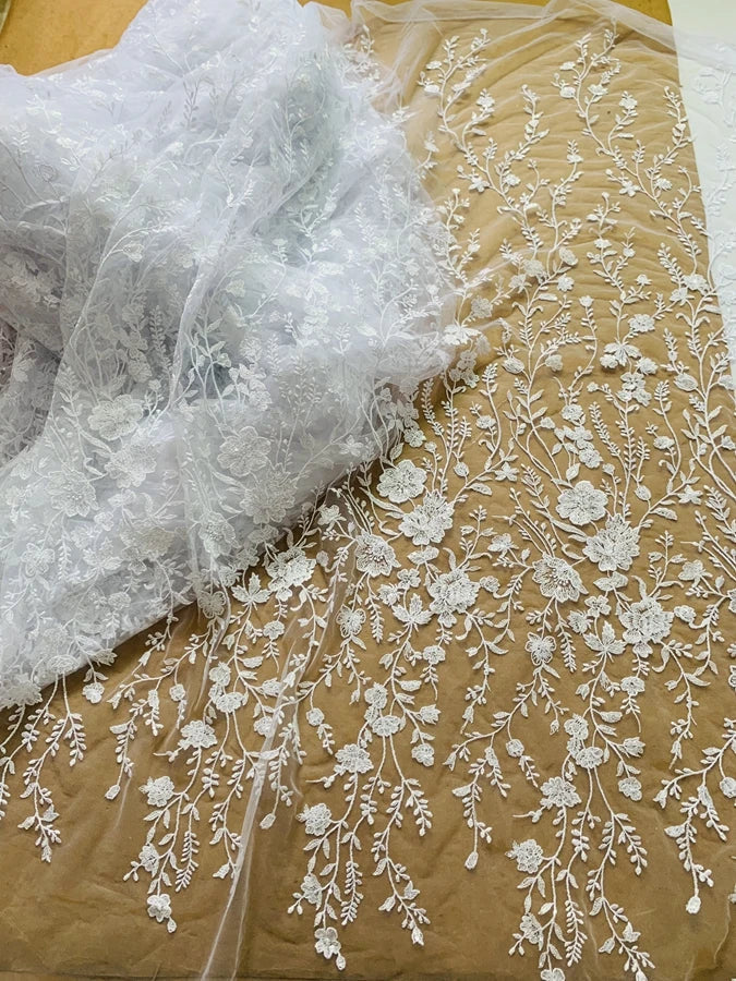 Snow White, Ivory Sequined Tulle Lace Fabric for