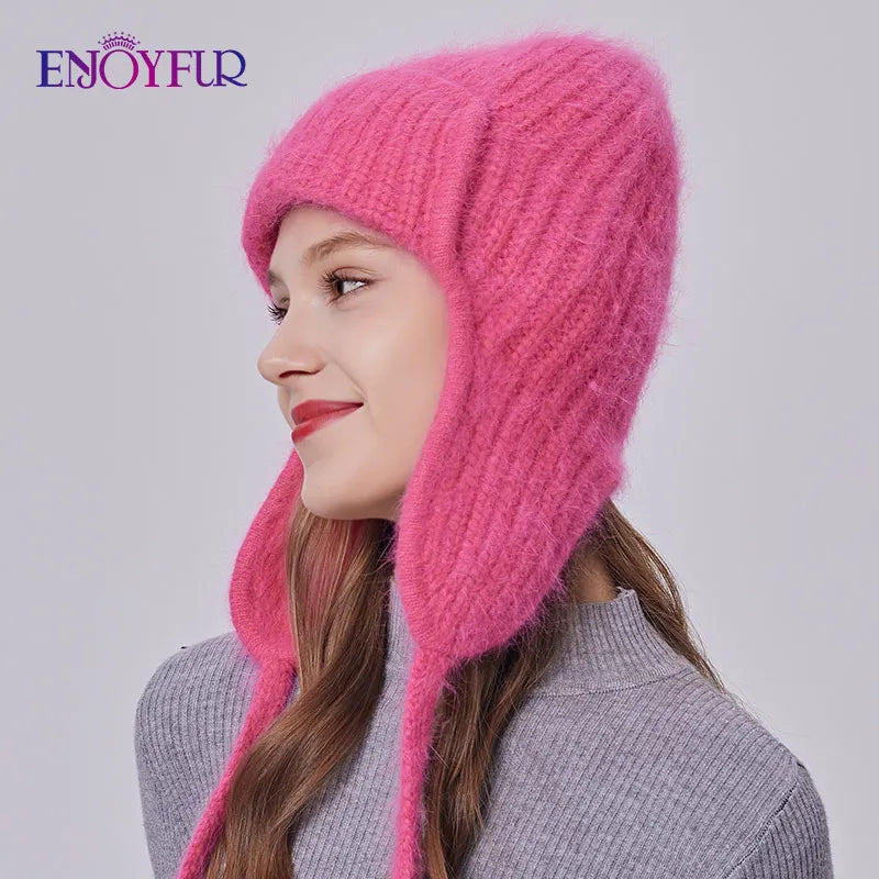 ENJOYFUR Women Winter Angora Earflaps Hat Warm Fluffy