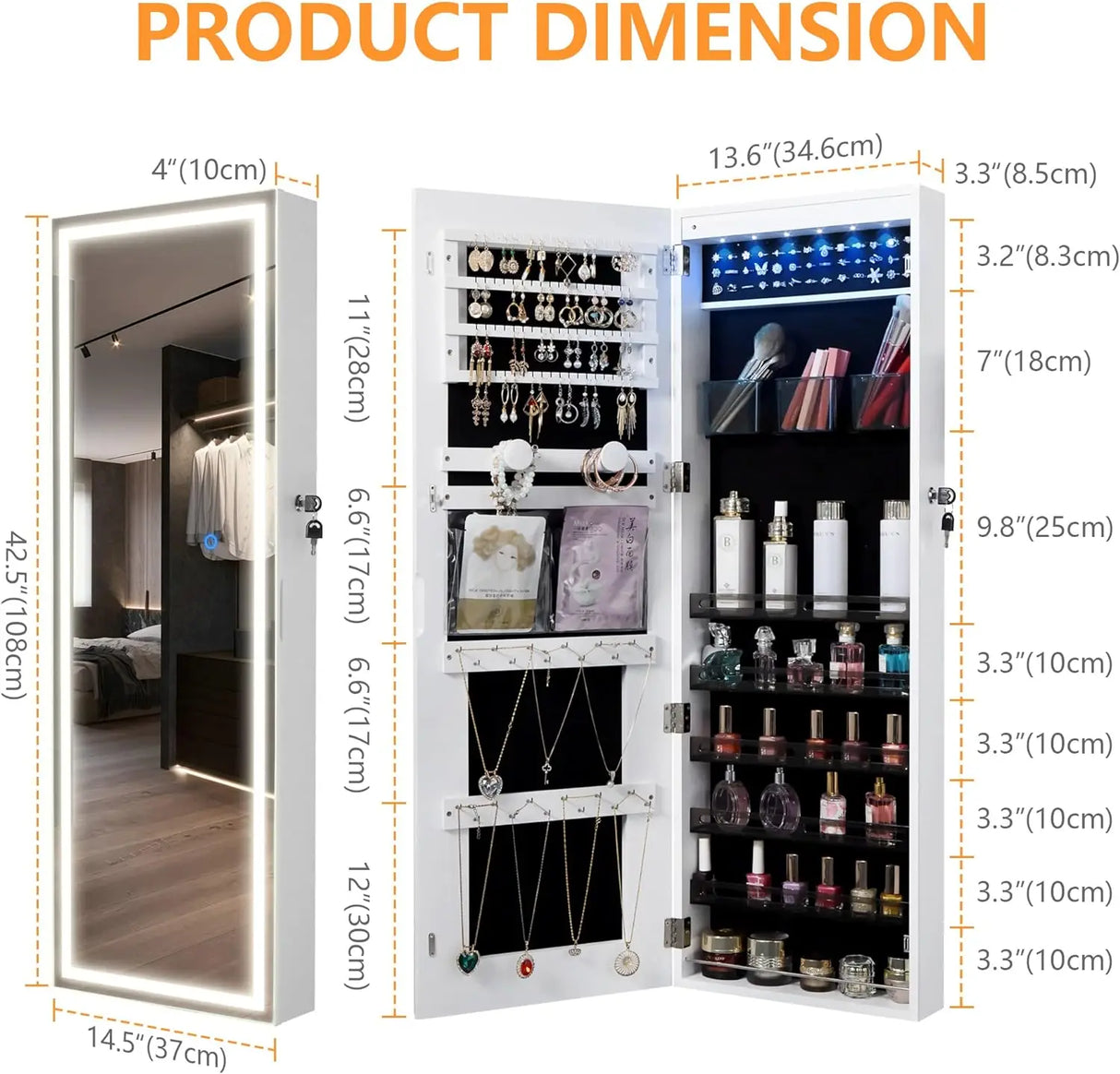 LED Mirror Jewelry Cabinet, Wall / Door Jewelry