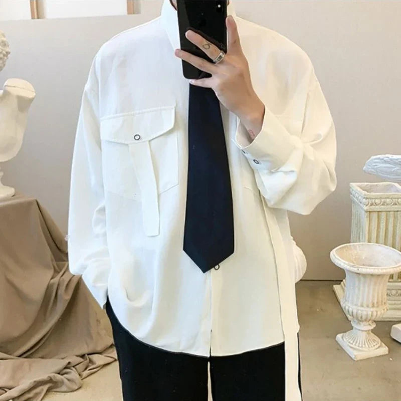 Gmiixder Cargo Long-sleeve Shirt with Tie Men's Oversize