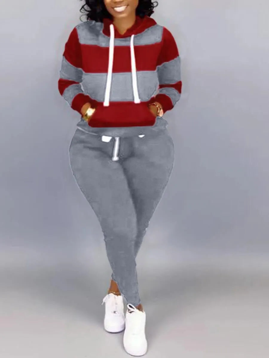 LW Plus Size Striped Drawstring Tracksuit Set Autumn