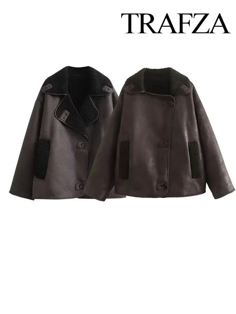TRAFZA 2023 Winter Casual Solid Faux Leather Long