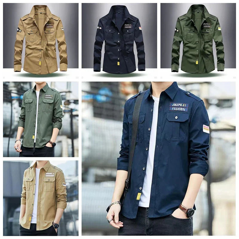 Men's Shirts Military Casual Shirt Cotton Khaki Retro