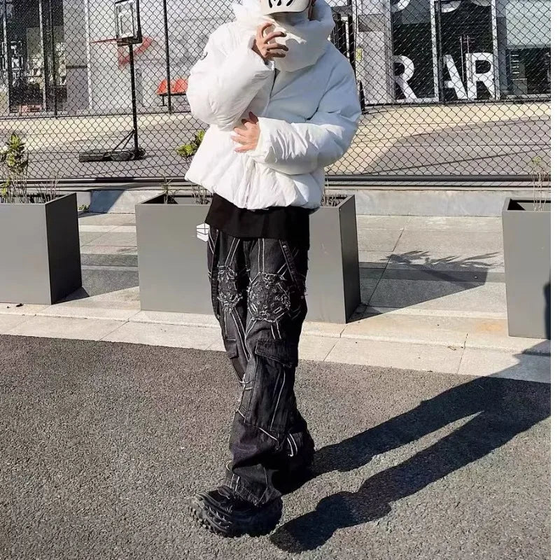 Vintage Gear Patch Punk Jeans High Street Spiderweb