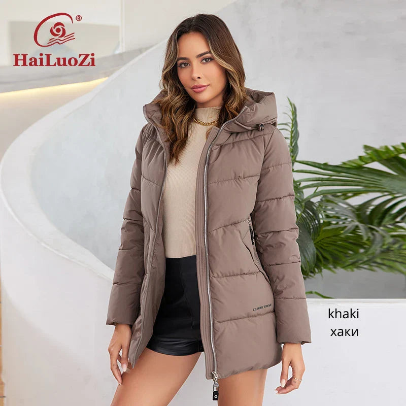 HaiLuoZi 2023 New Women's Jacket Short Warm Hooded
