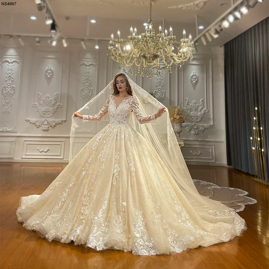 NS4667 Champagne Color Full Lace Wedding Gown With