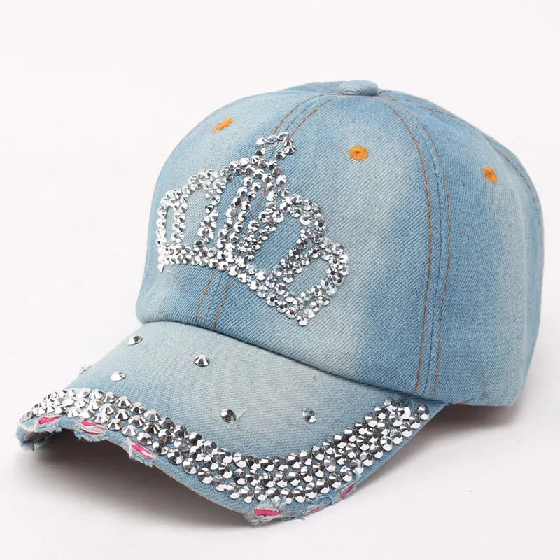 Women Bling Tiara Distressed Denim Baseball Cap Rhinestones