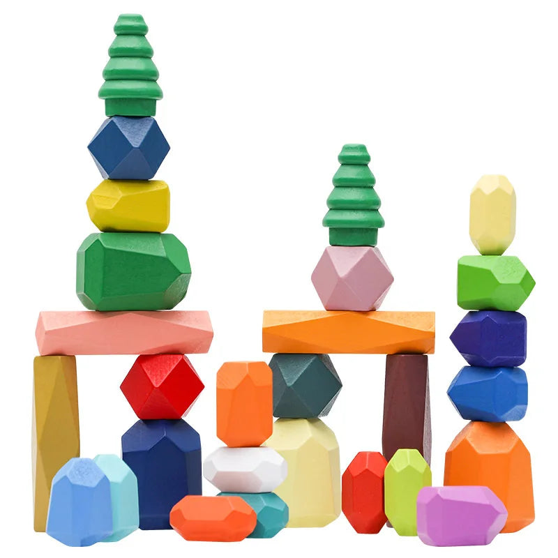 28/38pcs Wooden Rainbow Stone Building Blocks Set Balancing