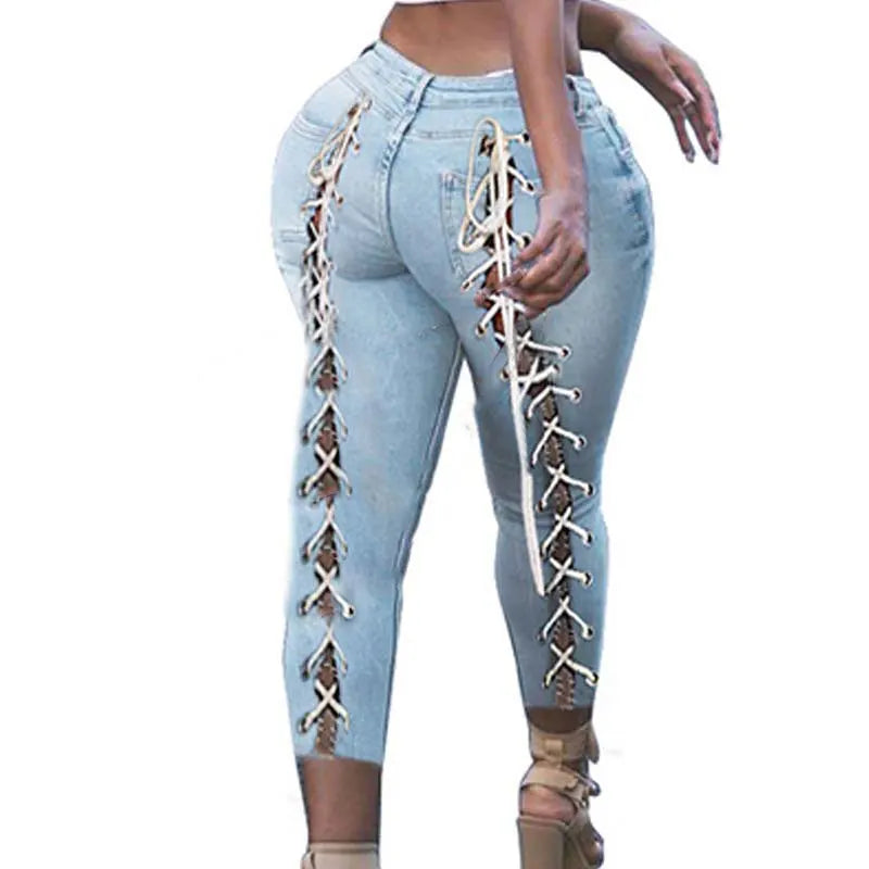 Plus Size Sexy White Blue Hollow Out Denim