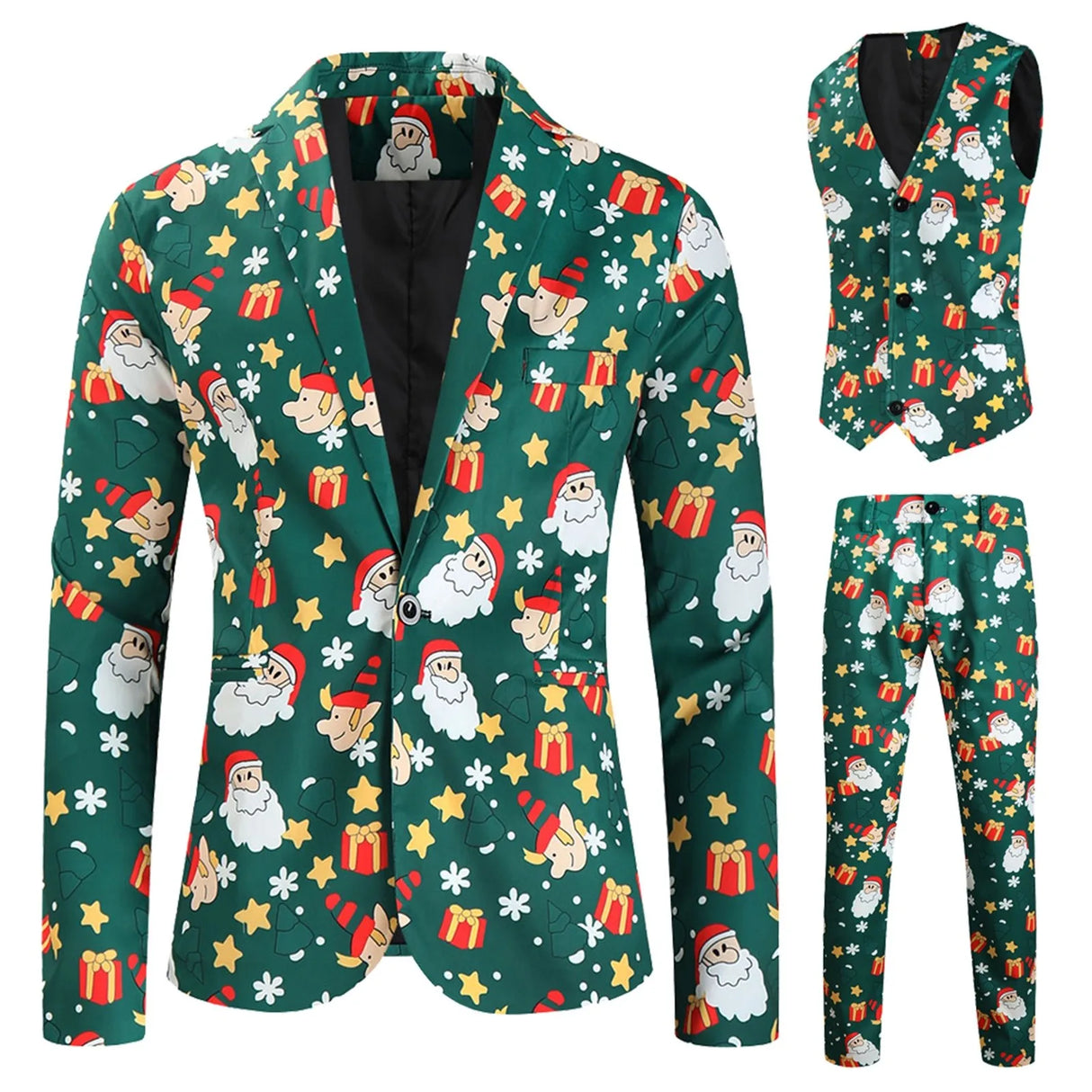 Mens Fashion Casual Suit Printed Christmas Jacket Pants