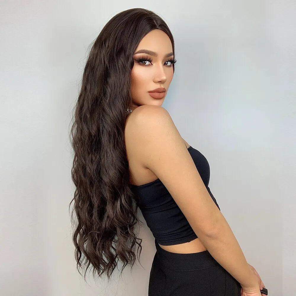 HAIRCUBE Long Brown Curly Wavy Wig for Women