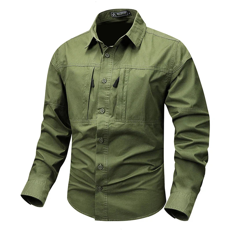 Casual Green Cargo Military Shirt Men'S Long Sleeve