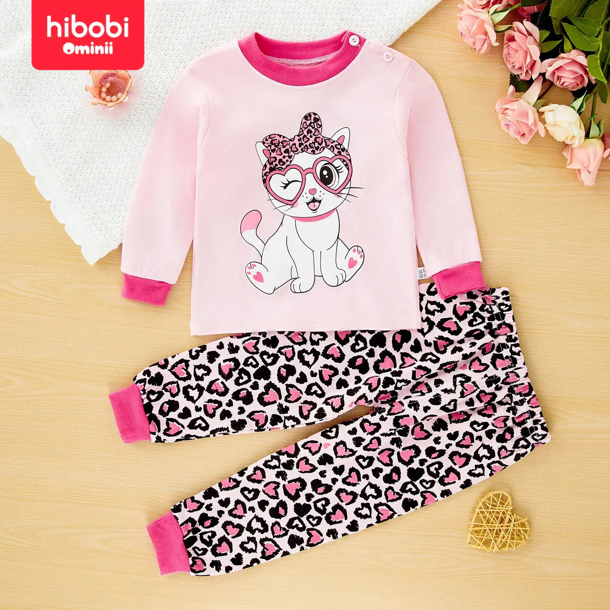 hibobi Spring 2-Piece Cute Cat Girl Round Neck