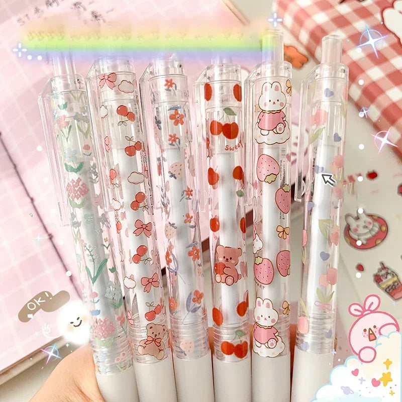 6pcs Floral Gel Pens Set Transparent 0.5mm Black