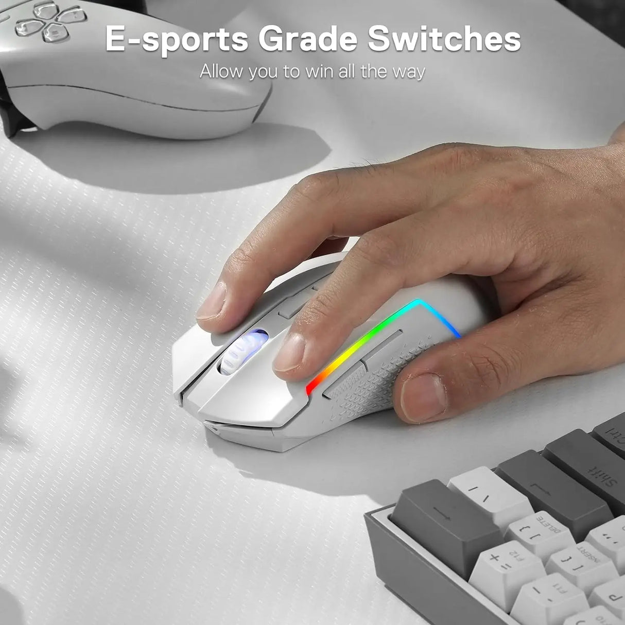 Redragon M693 Wireless/Wired BT & 2.4G Bluetooth Gaming 8000 DPI Mouse 3-Mode Connection RGB Backlight for PC/Mac/Laptop, White