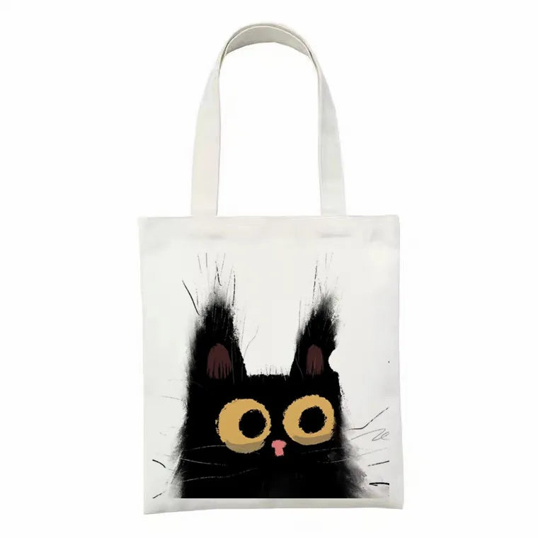 Women Canvas Bag Funny Black Cat Print Female Reuseable Shopping Totebags Girls Students School Bookbags