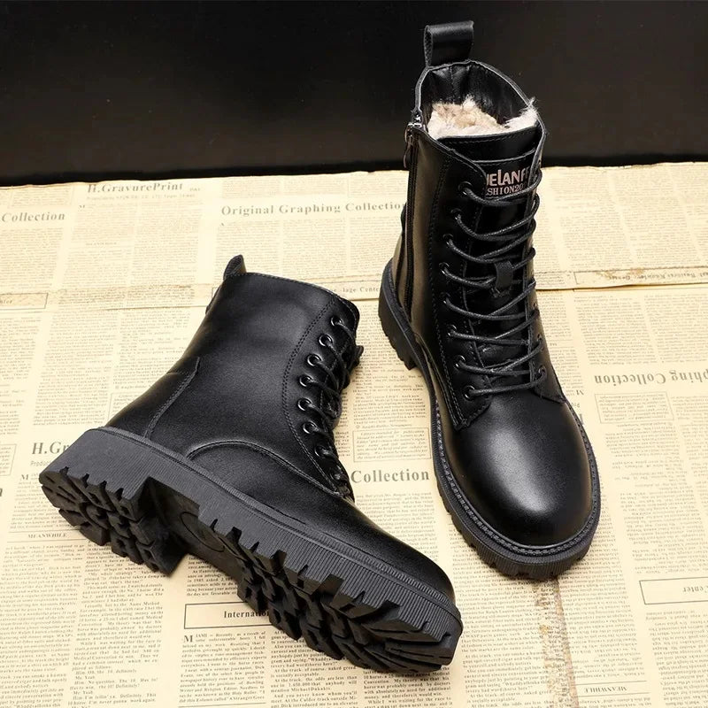 Black Leather Boot Ankle Booties Plush Warm Platform