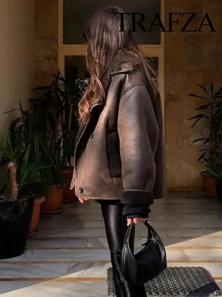 TRAFZA 2023 Winter Casual Solid Faux Leather Long