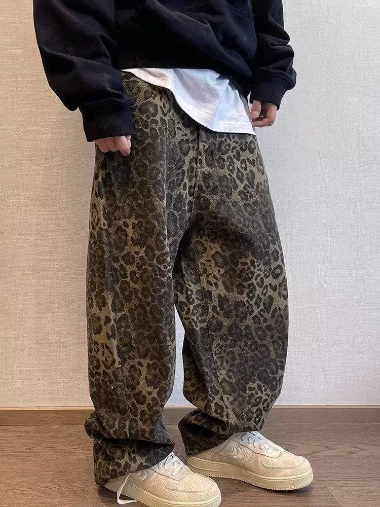 Tan Leopard Jeans Men Denim Pants Male Oversize